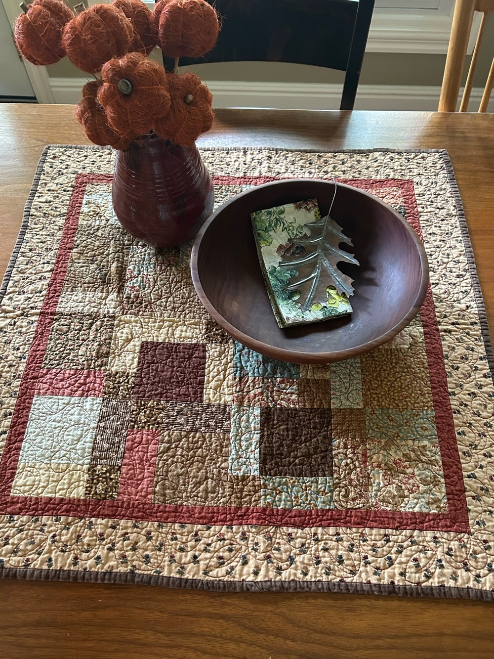 Handmade Patchwork Table Topper (quilt) - Rust, Brown, Cream